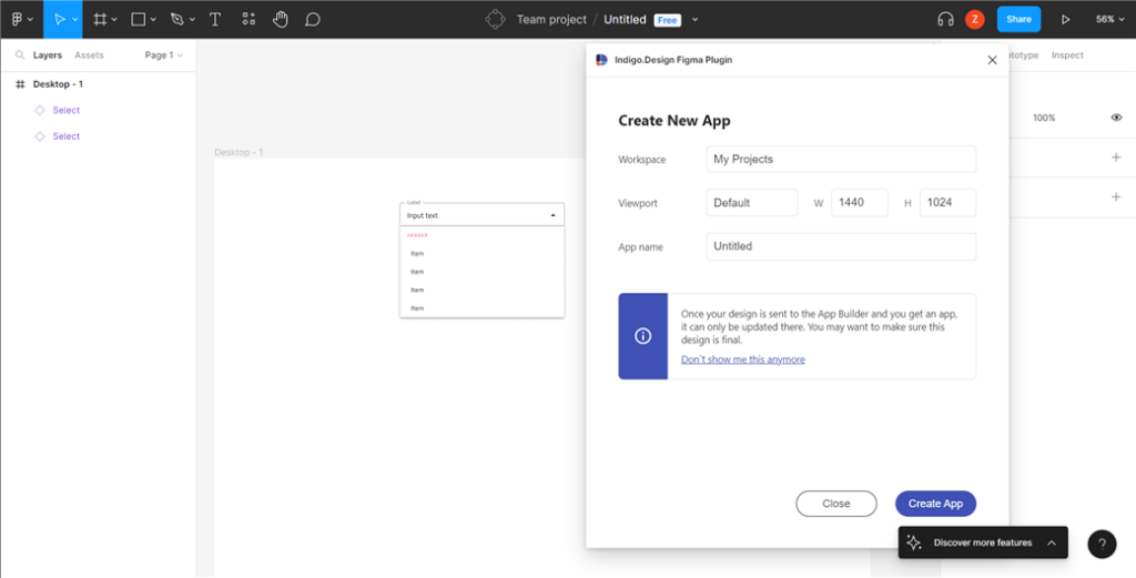 Create App in Indigo.Design Figma plugin