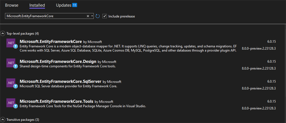 Visual Studio で API データベースを設定する