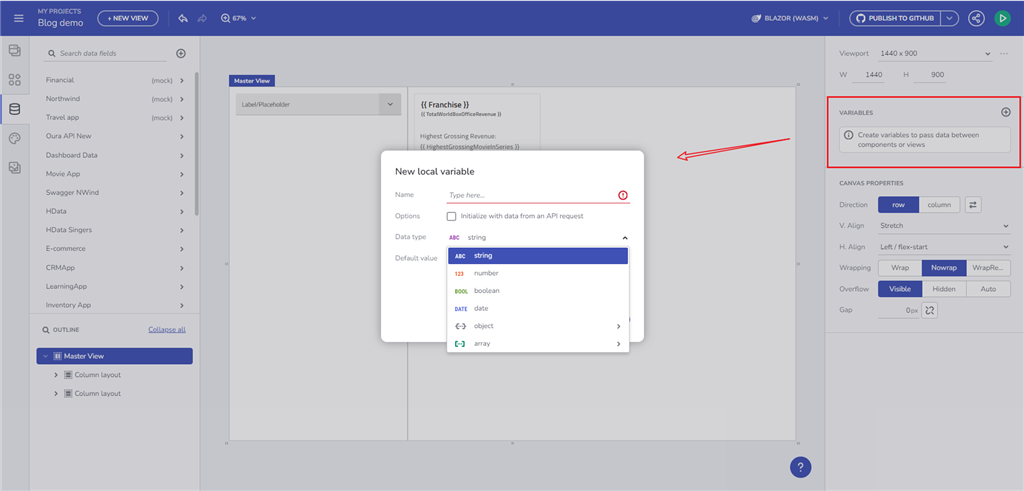 Create a variable through the Variables section